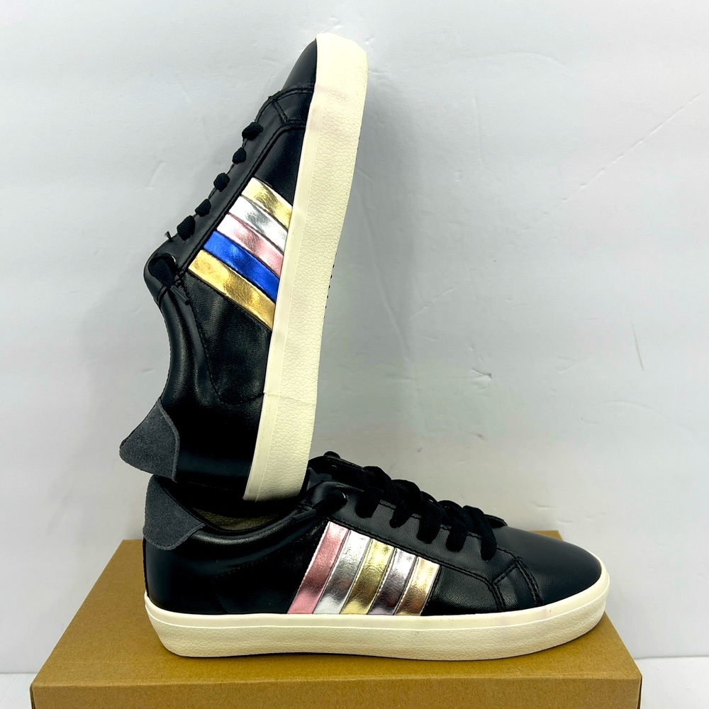 VINTAGE HAVANA, TENNIS SHOES,BLACK WITH RAINBOW SHINY STRIPES ON THE SIDE SIZE 6